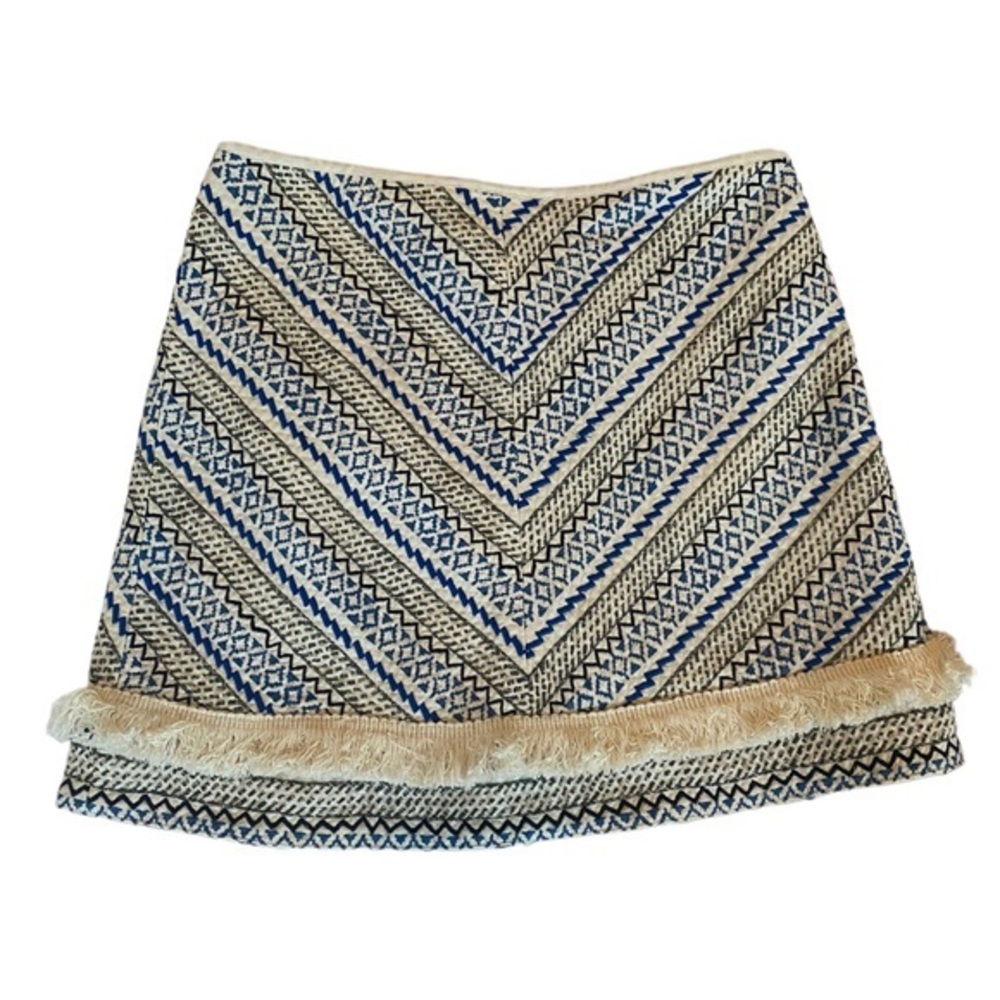 Guess Blue White Embroidered‎ Fringe Detail Mini Skirt Size Small NWT